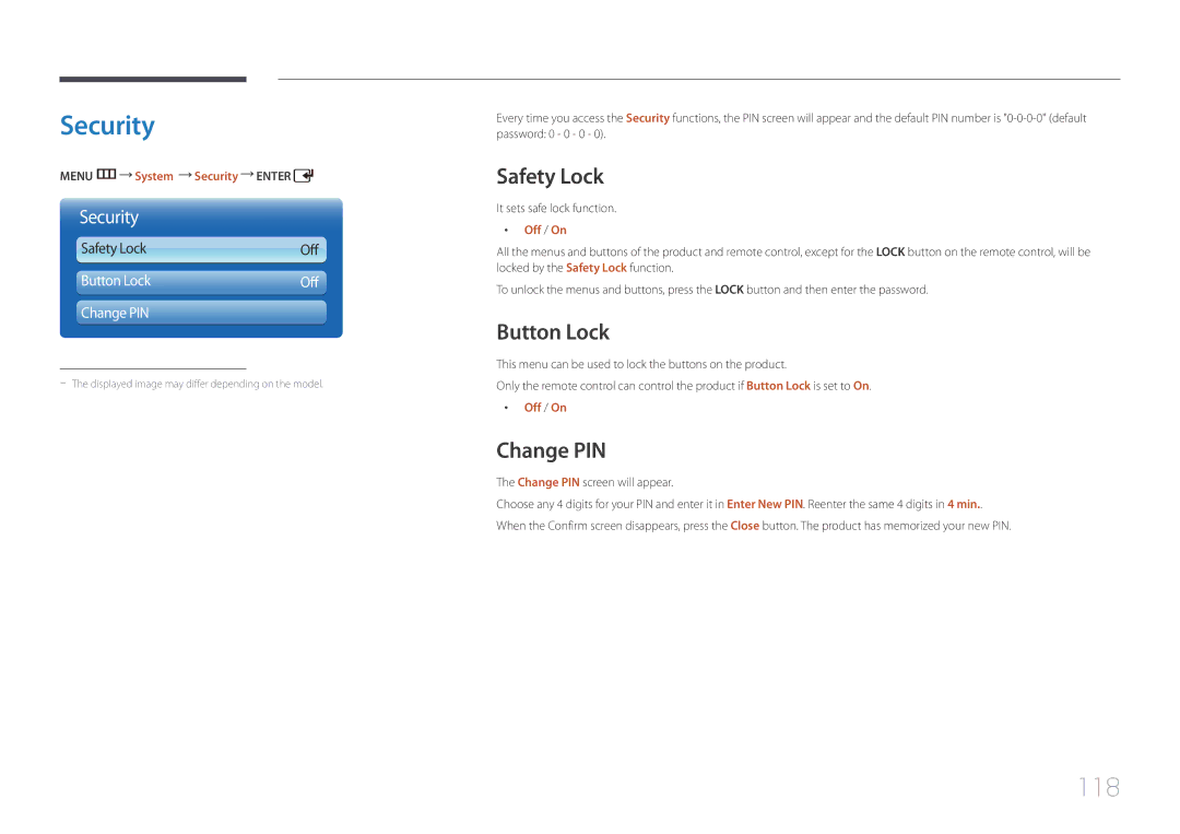 Samsung UD46C, UD55C user manual Security, 118, Safety Lock, Button Lock, Change PIN 