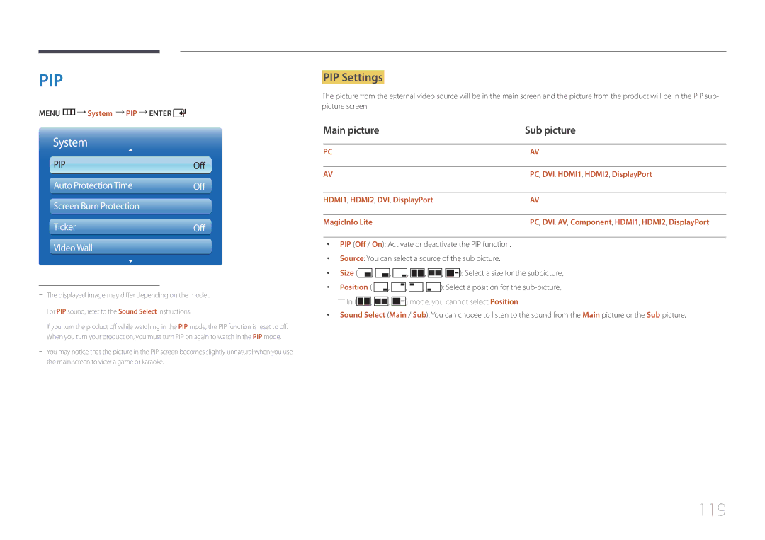 Samsung UD55C, UD46C user manual 119, PIP Settings, Main picture Sub picture 