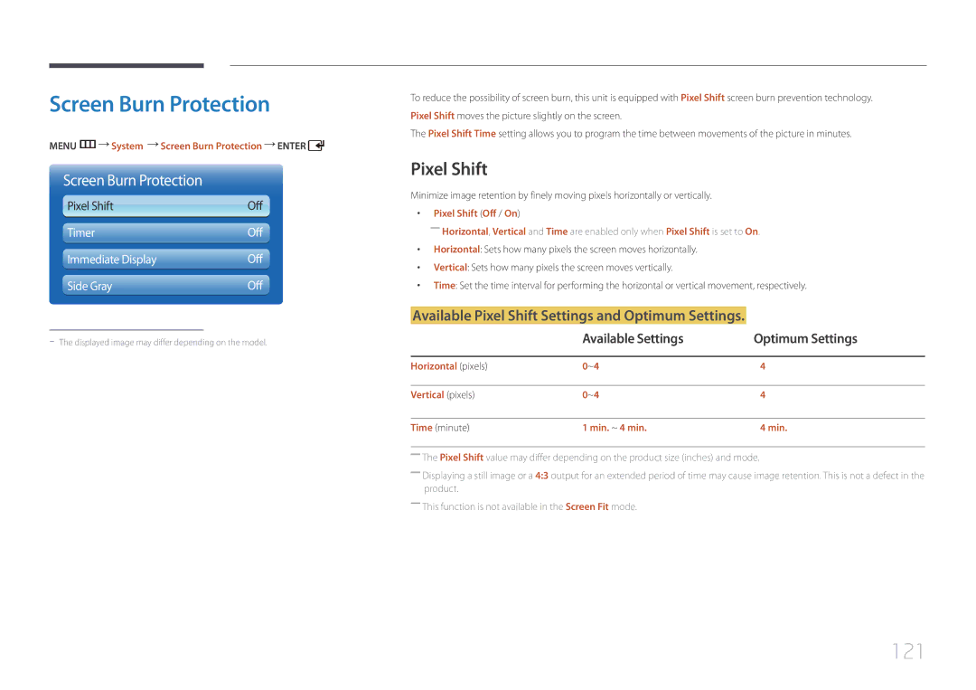 Samsung UD55C, UD46C user manual Screen Burn Protection, 121, Available Pixel Shift Settings and Optimum Settings 