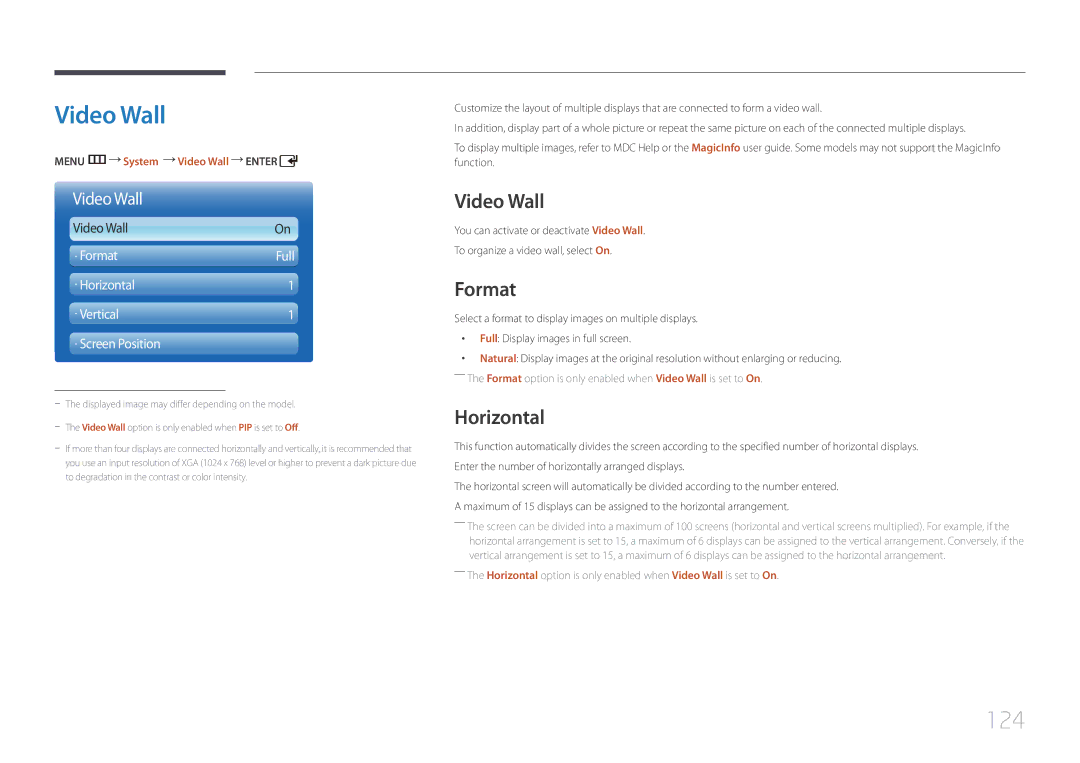 Samsung UD46C, UD55C user manual Video Wall, 124, Format, Horizontal 