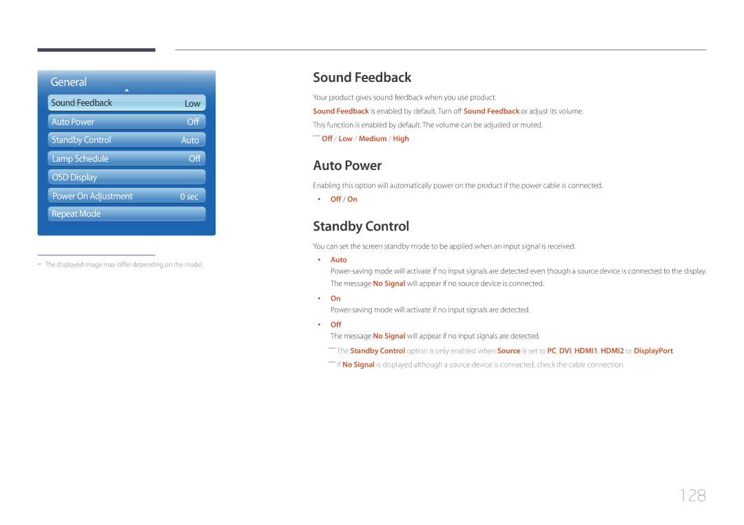 Samsung UD46C, UD55C user manual 128, Sound Feedback, Auto Power, Standby Control 