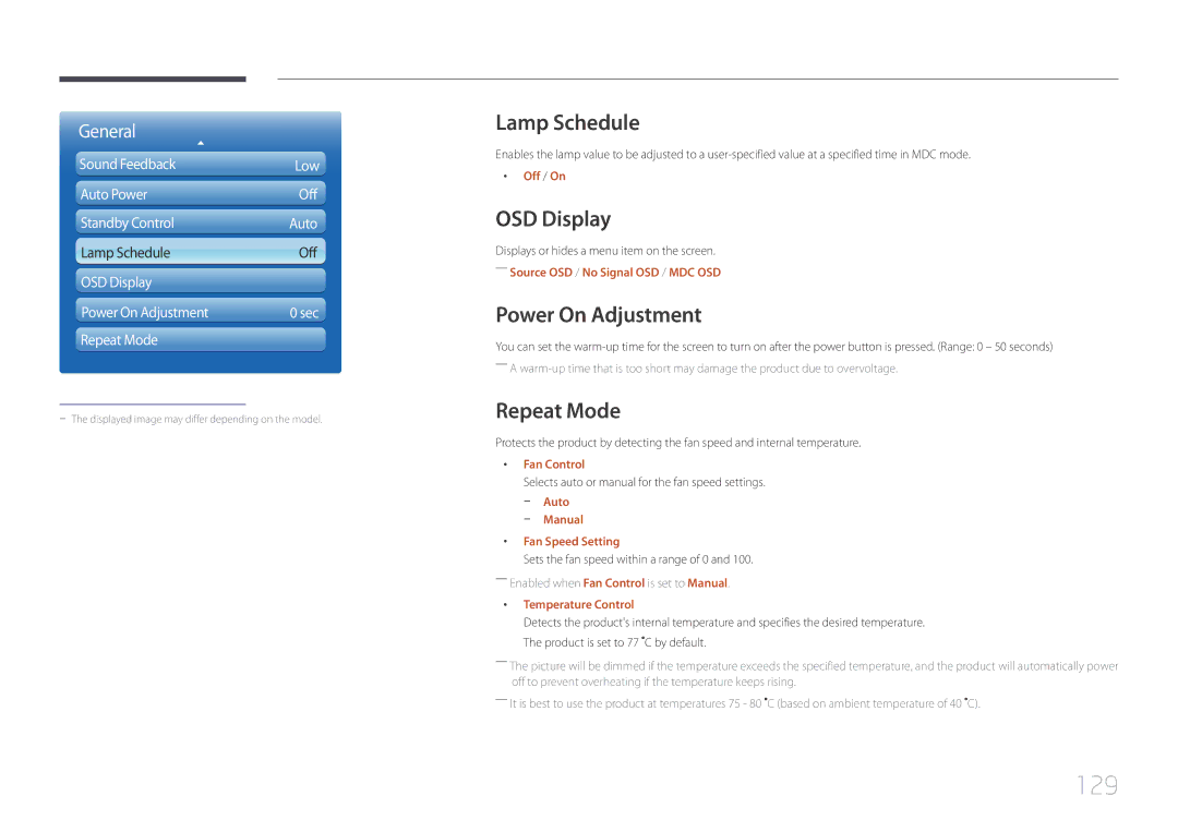 Samsung UD55C, UD46C user manual 129, Lamp Schedule, OSD Display, Power On Adjustment, Repeat Mode 