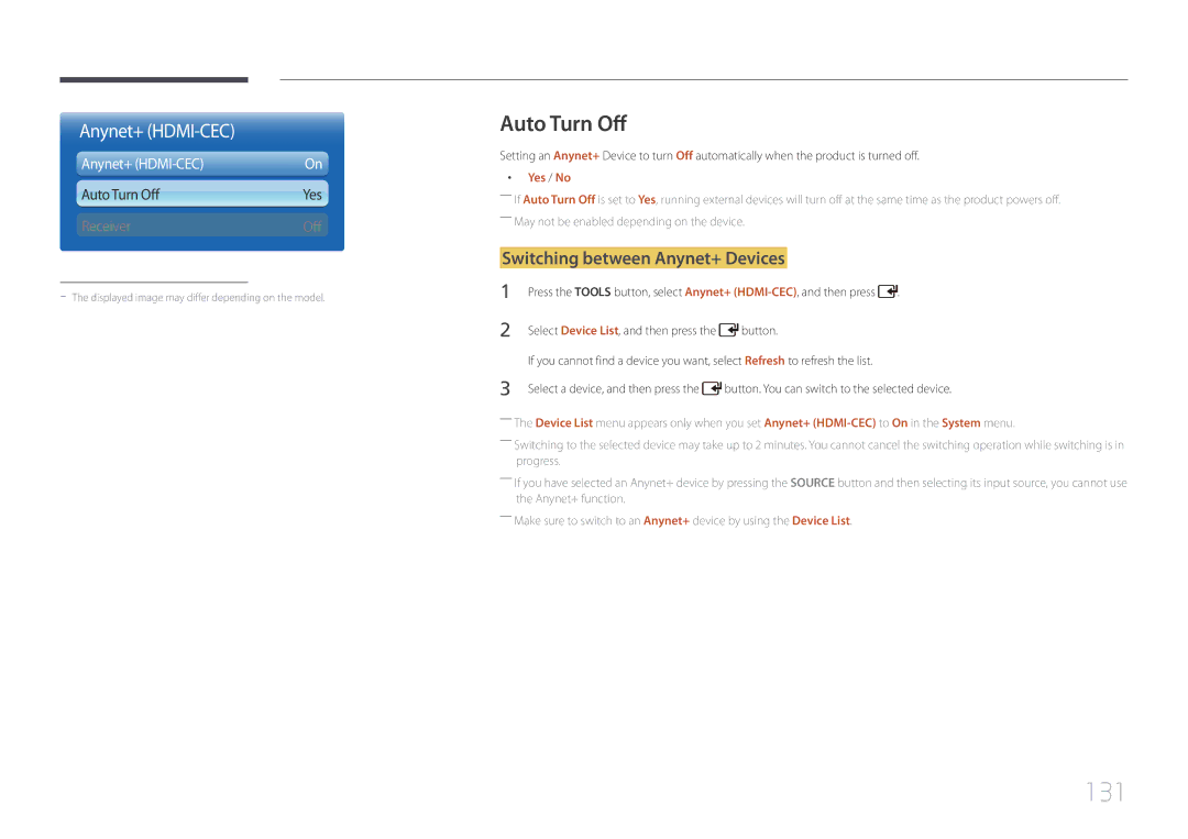 Samsung UD55C, UD46C user manual 131, Auto Turn Off, Switching between Anynet+ Devices, Yes / No 