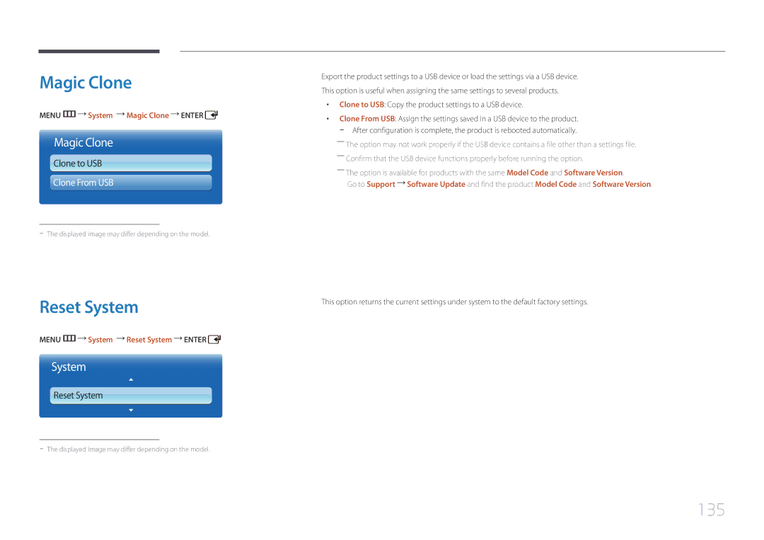 Samsung UD55C, UD46C user manual Magic Clone, Reset System, 135 