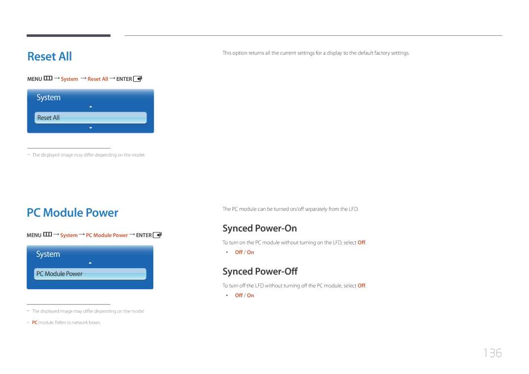 Samsung UD46C, UD55C user manual Reset All, PC Module Power, 136, Synced Power-On, Synced Power-Off 