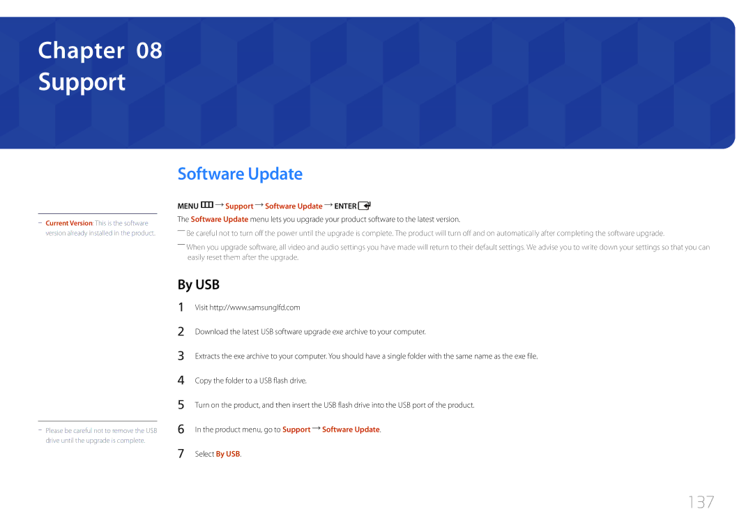 Samsung UD55C, UD46C user manual 137, By USB, Menu m Support Software Update Enter 