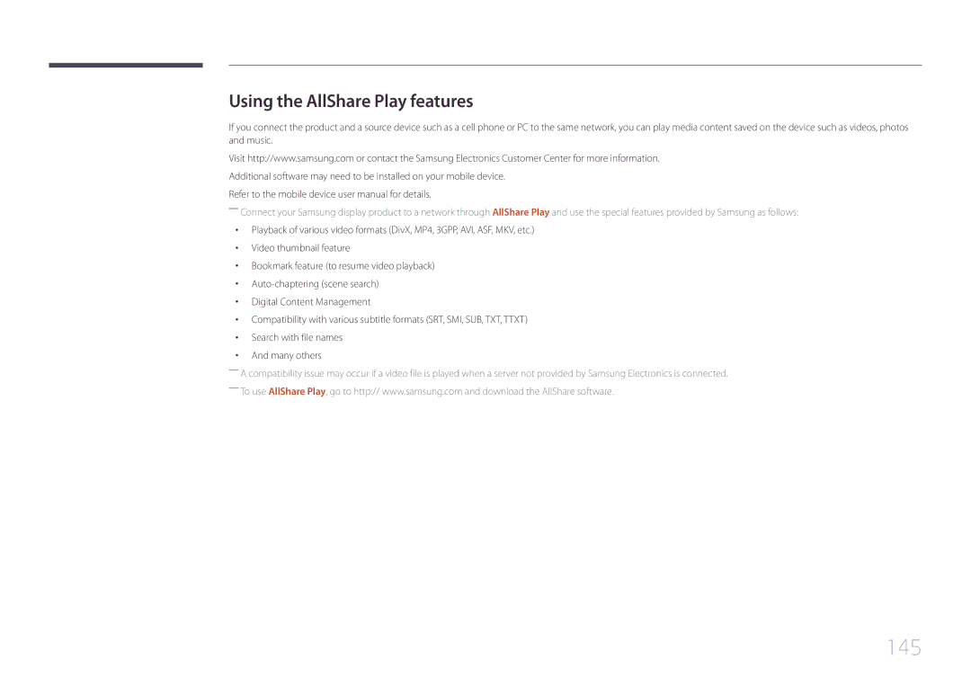 Samsung UD55C, UD46C user manual 145, Using the AllShare Play features 