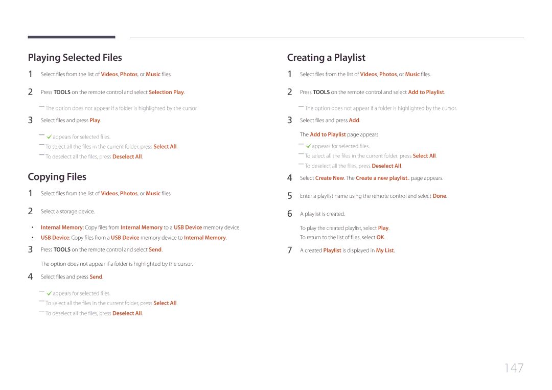 Samsung UD55C, UD46C user manual 147, Playing Selected Files, Copying Files, Creating a Playlist 