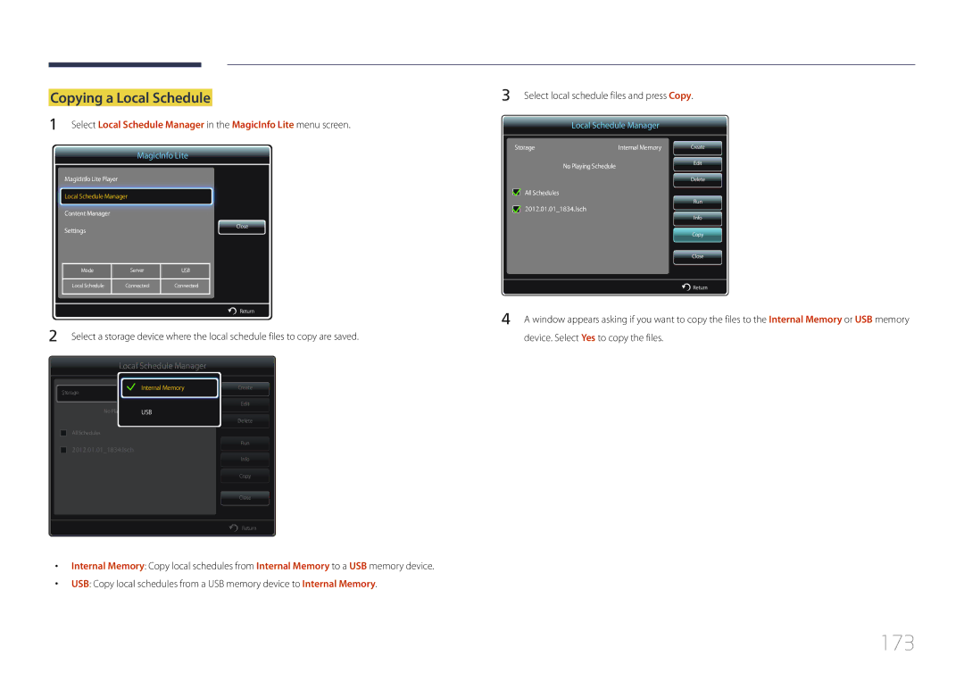 Samsung UD55C, UD46C user manual 173, Copying a Local Schedule, Device. Select Yes to copy the files 