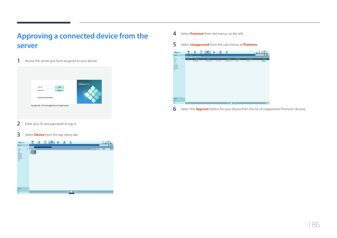 Samsung UD46C, UD55C user manual Approving a connected device from the server, 186 