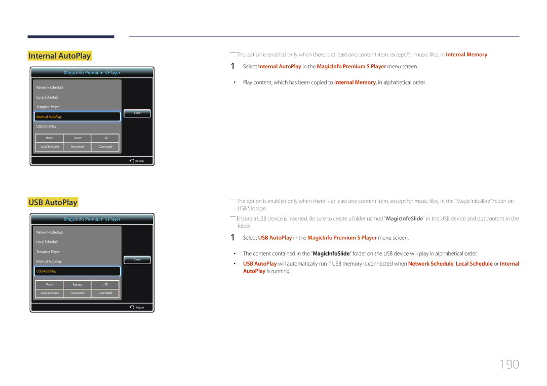 Samsung UD46C, UD55C user manual 190, Internal AutoPlay 