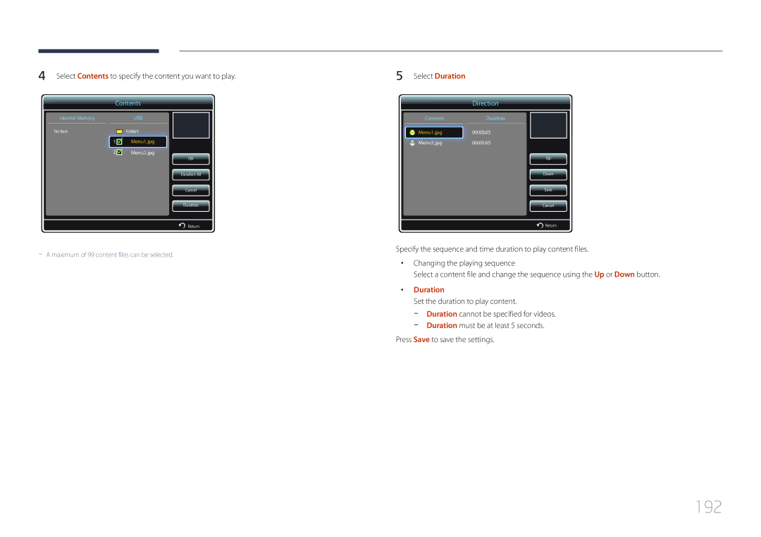 Samsung UD46C, UD55C user manual 192, Select Contents to specify the content you want to play 