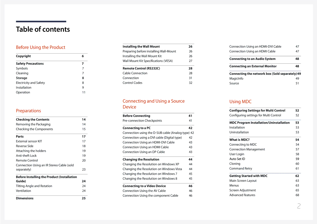 Samsung UD46C, UD55C user manual Table of contents 