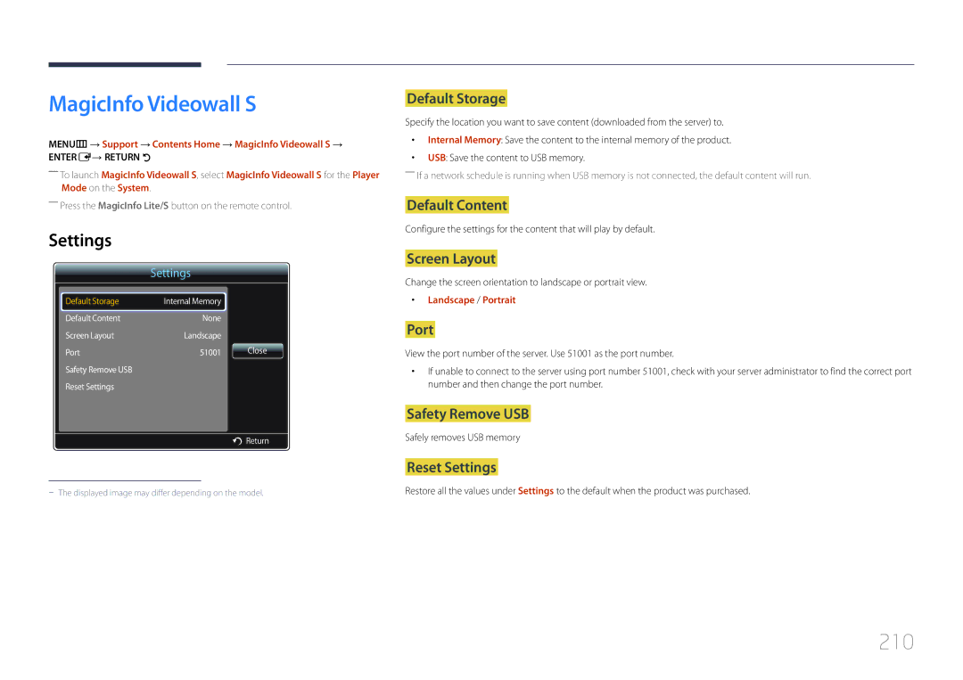 Samsung UD46C, UD55C user manual 210, Default Storage, Port, MENUm → Support → Contents Home → MagicInfo Videowall S → 