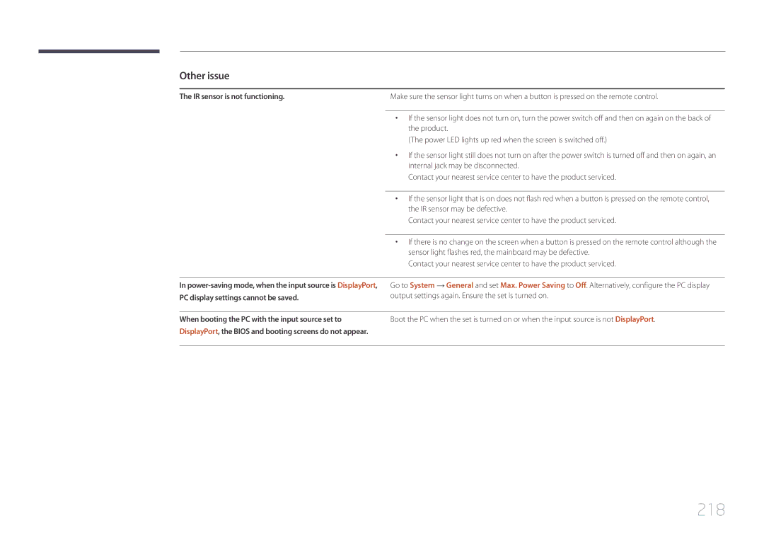 Samsung UD46C, UD55C user manual 218, IR sensor is not functioning, PC display settings cannot be saved 