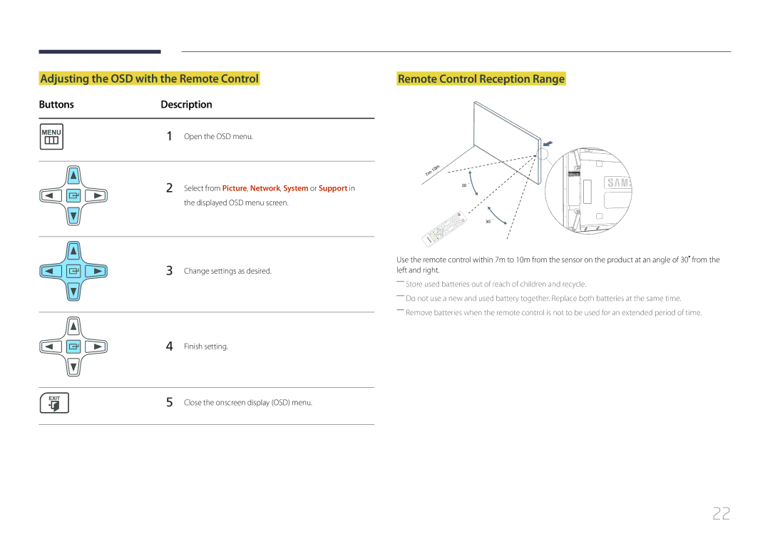 Samsung UD46C, UD55C user manual Adjusting the OSD with the Remote Control, Remote Control Reception Range 