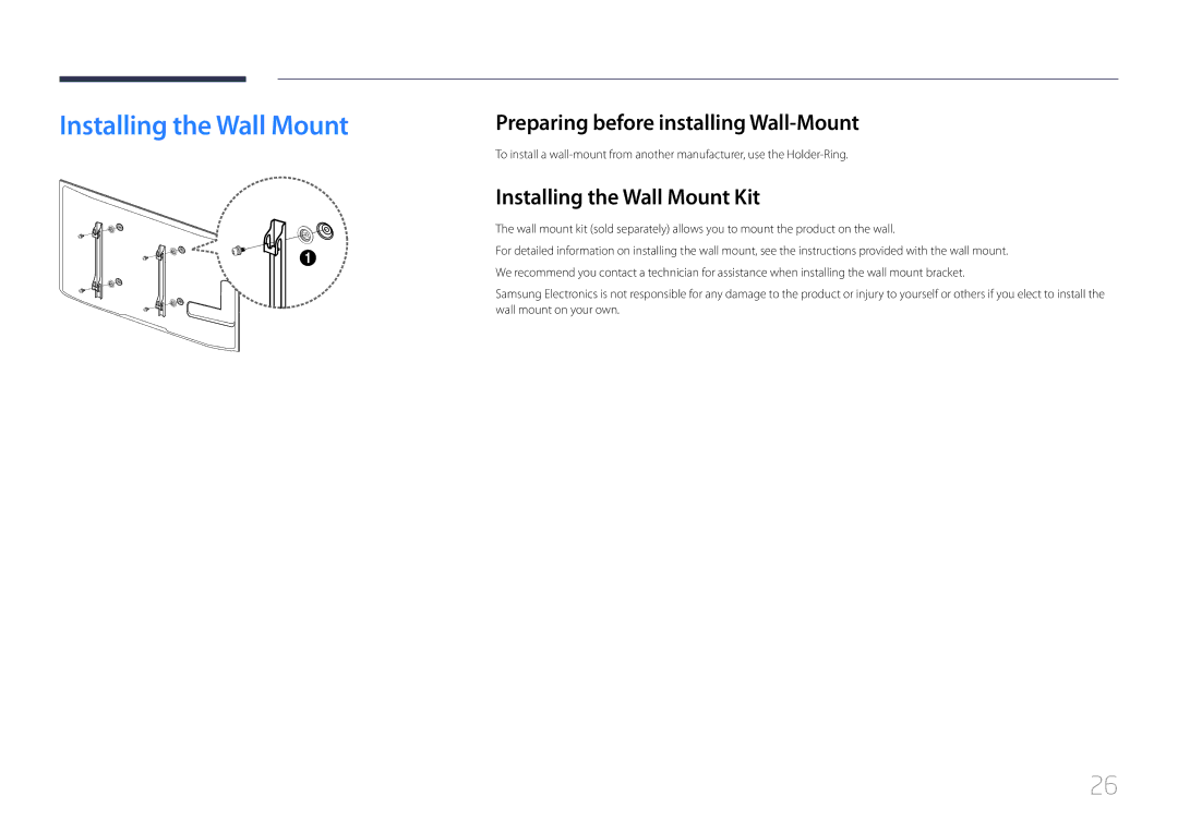 Samsung UD46C, UD55C user manual Preparing before installing Wall-Mount, Installing the Wall Mount Kit 