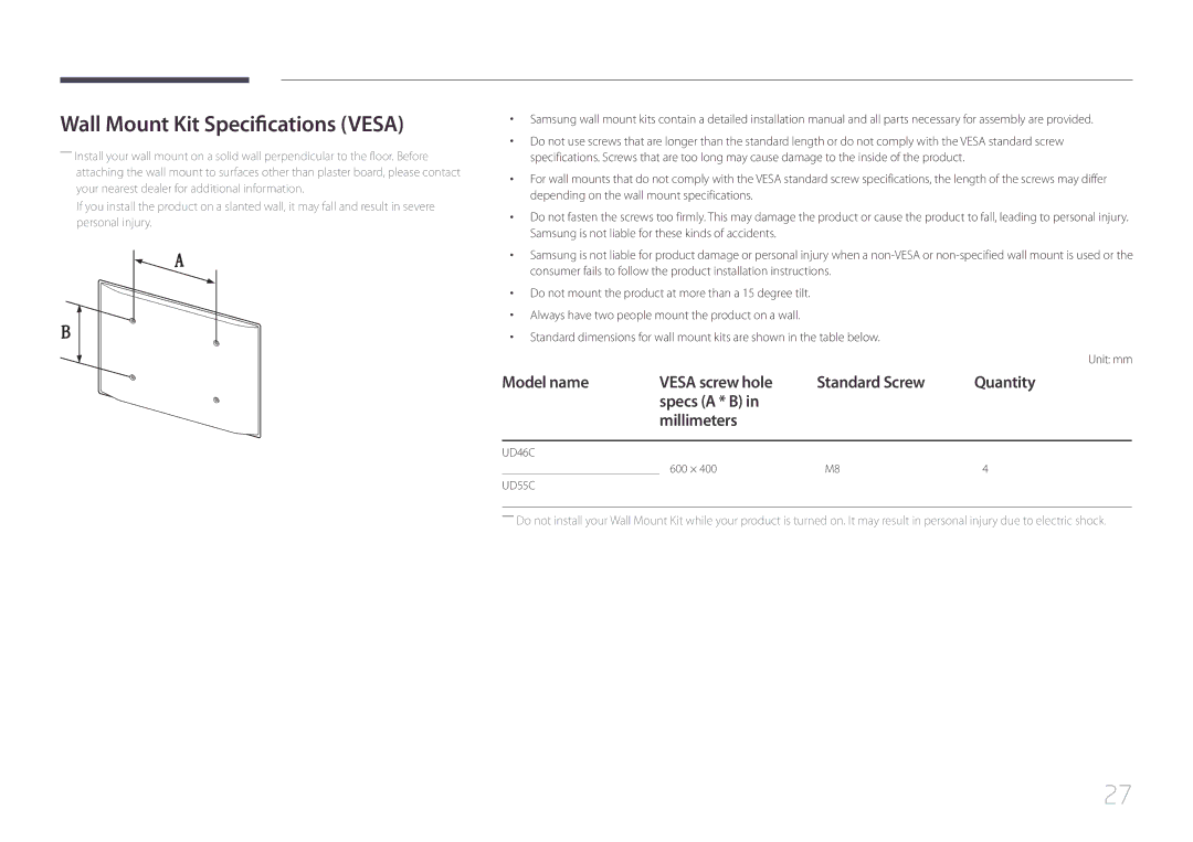 Samsung UD55C, UD46C user manual Wall Mount Kit Specifications Vesa 