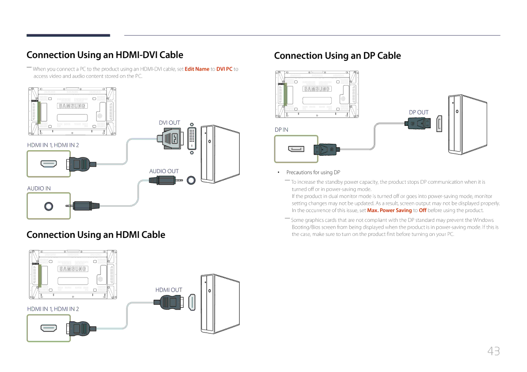 Samsung UD55C, UD46C Connection Using an HDMI-DVI Cable, Connection Using an Hdmi Cable, Connection Using an DP Cable 