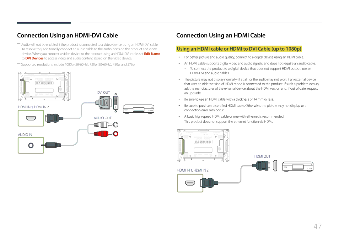 Samsung UD55C, UD46C user manual Connection Using an HDMI-DVI Cable, Using an Hdmi cable or Hdmi to DVI Cable up to 1080p 