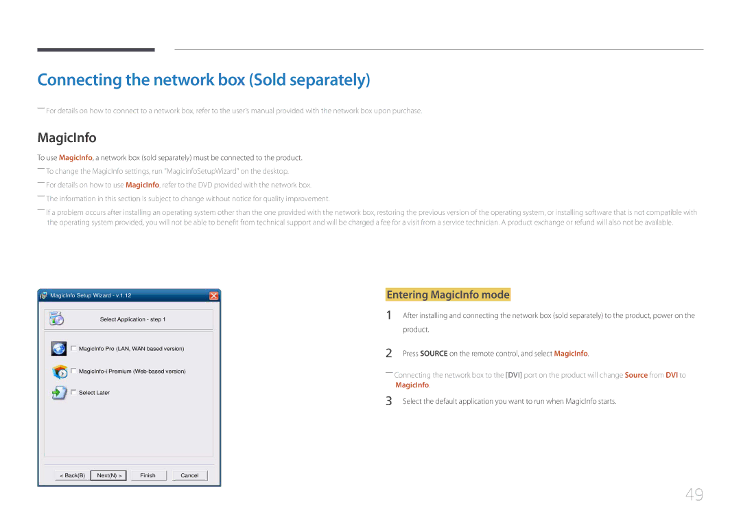 Samsung UD55C, UD46C user manual Connecting the network box Sold separately, Entering MagicInfo mode, Product 