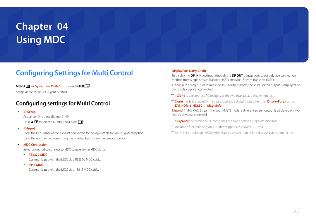 Samsung UD46C, UD55C user manual Using MDC, Configuring Settings for Multi Control, Configuring settings for Multi Control 