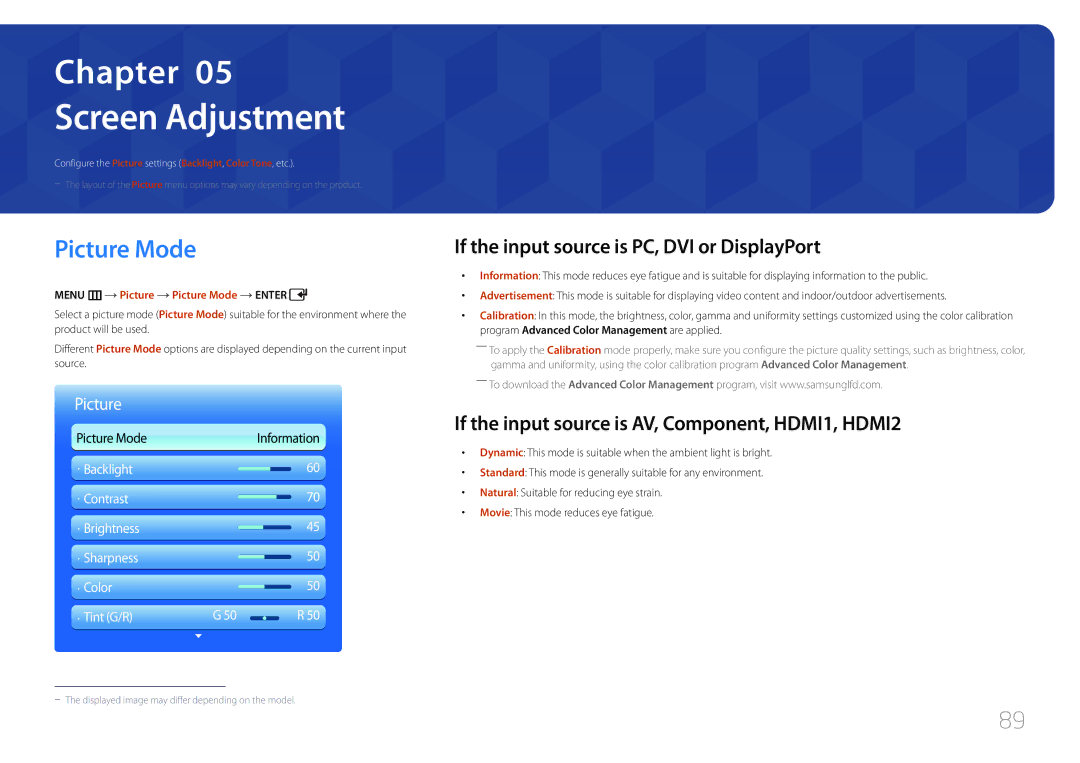 Samsung UD55C, UD46C user manual Screen Adjustment, Picture Mode, If the input source is PC, DVI or DisplayPort 