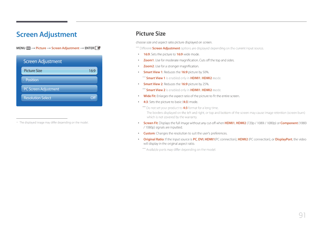 Samsung UD55C, UD46C user manual Picture Size, Menu m Picture Screen Adjustment Enter 