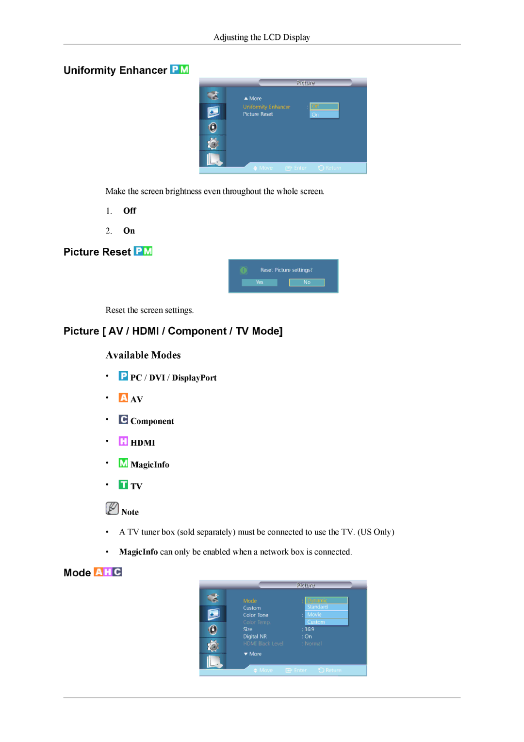 Samsung UD55A, UD46A user manual Uniformity Enhancer, Picture Reset, Picture AV / Hdmi / Component / TV Mode 