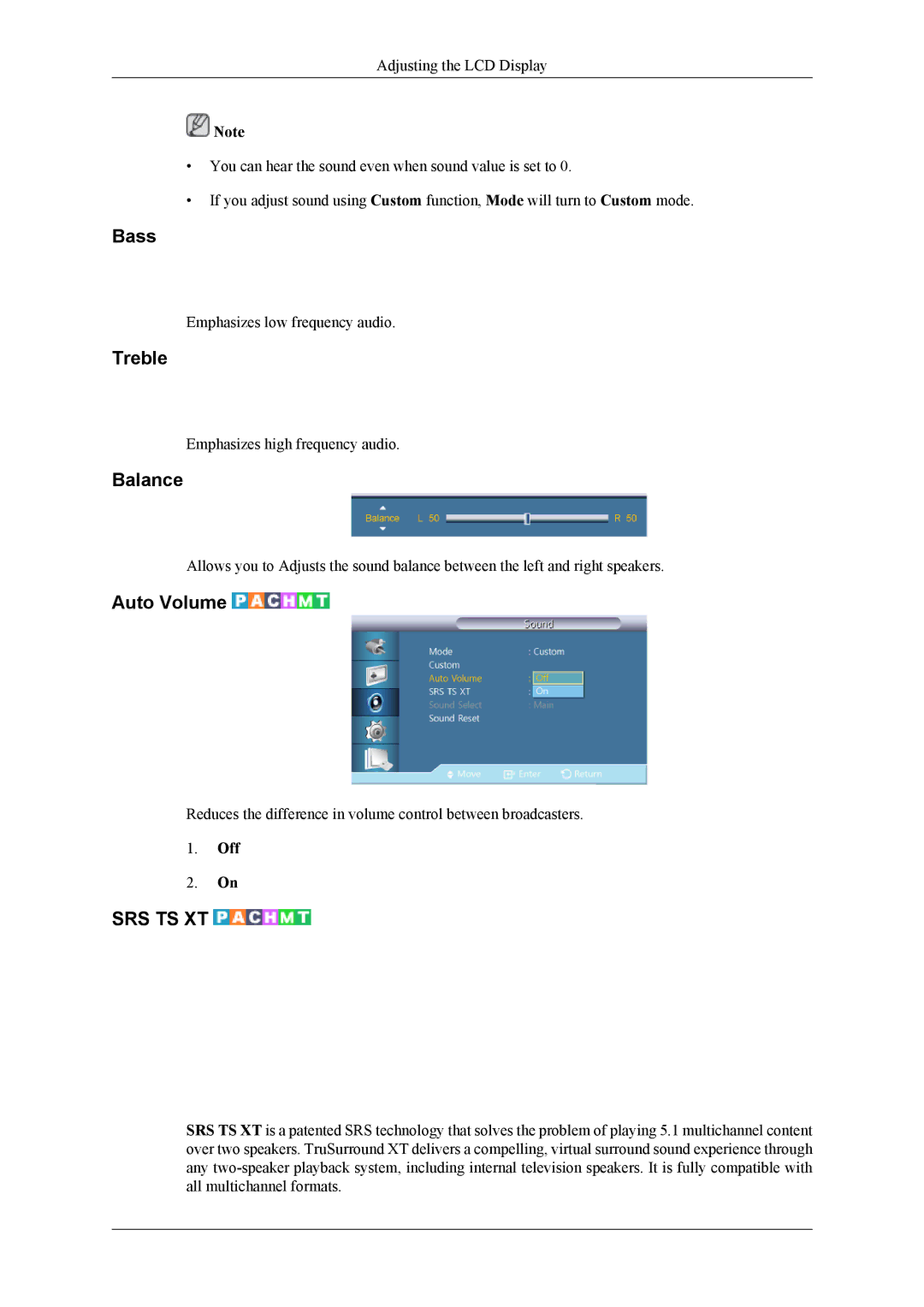 Samsung UD46A, UD55A user manual Bass, Treble, Balance, Auto Volume 