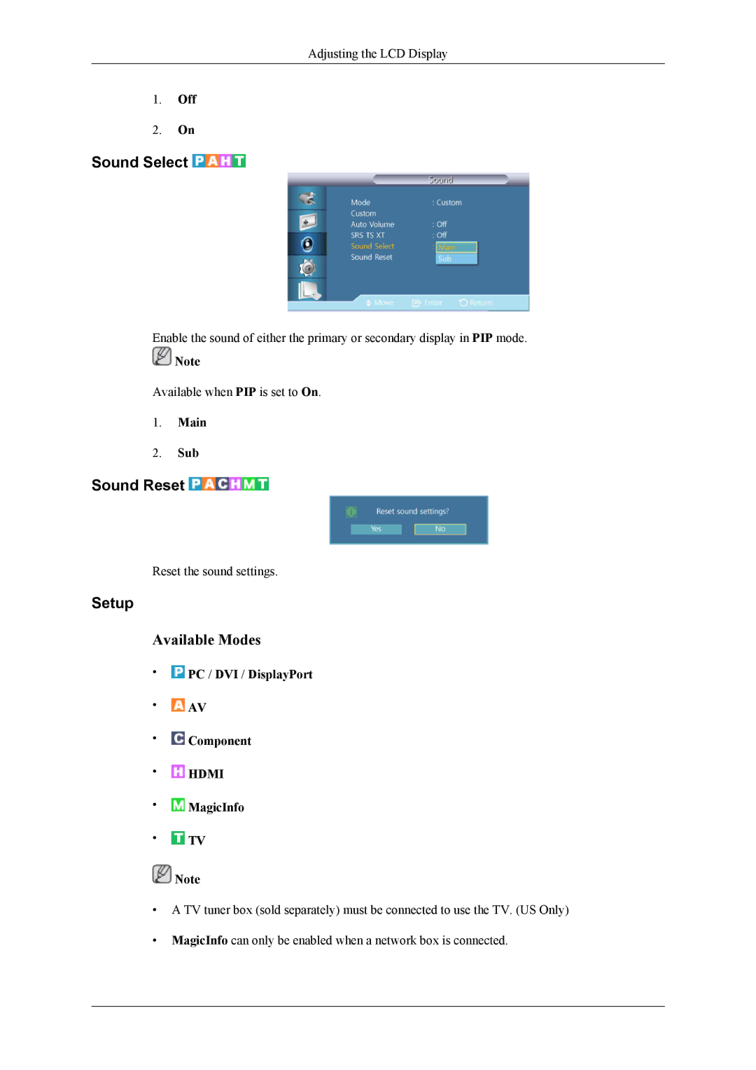 Samsung UD55A, UD46A user manual Sound Select, Sound Reset, Setup, Main Sub 