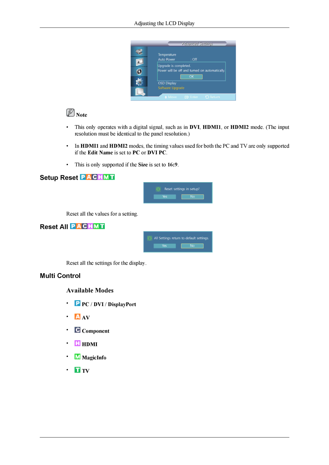 Samsung UD46A, UD55A user manual Setup Reset, Reset All, Multi Control 