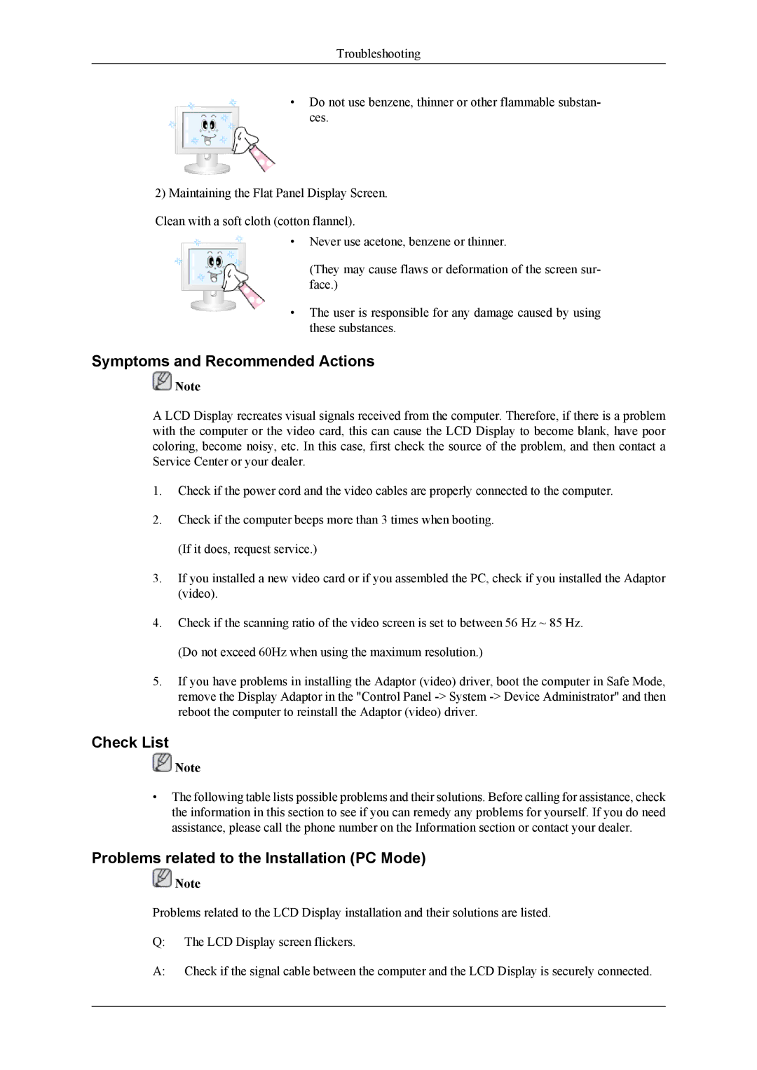 Samsung UD55A, UD46A user manual Symptoms and Recommended Actions, Check List, Problems related to the Installation PC Mode 