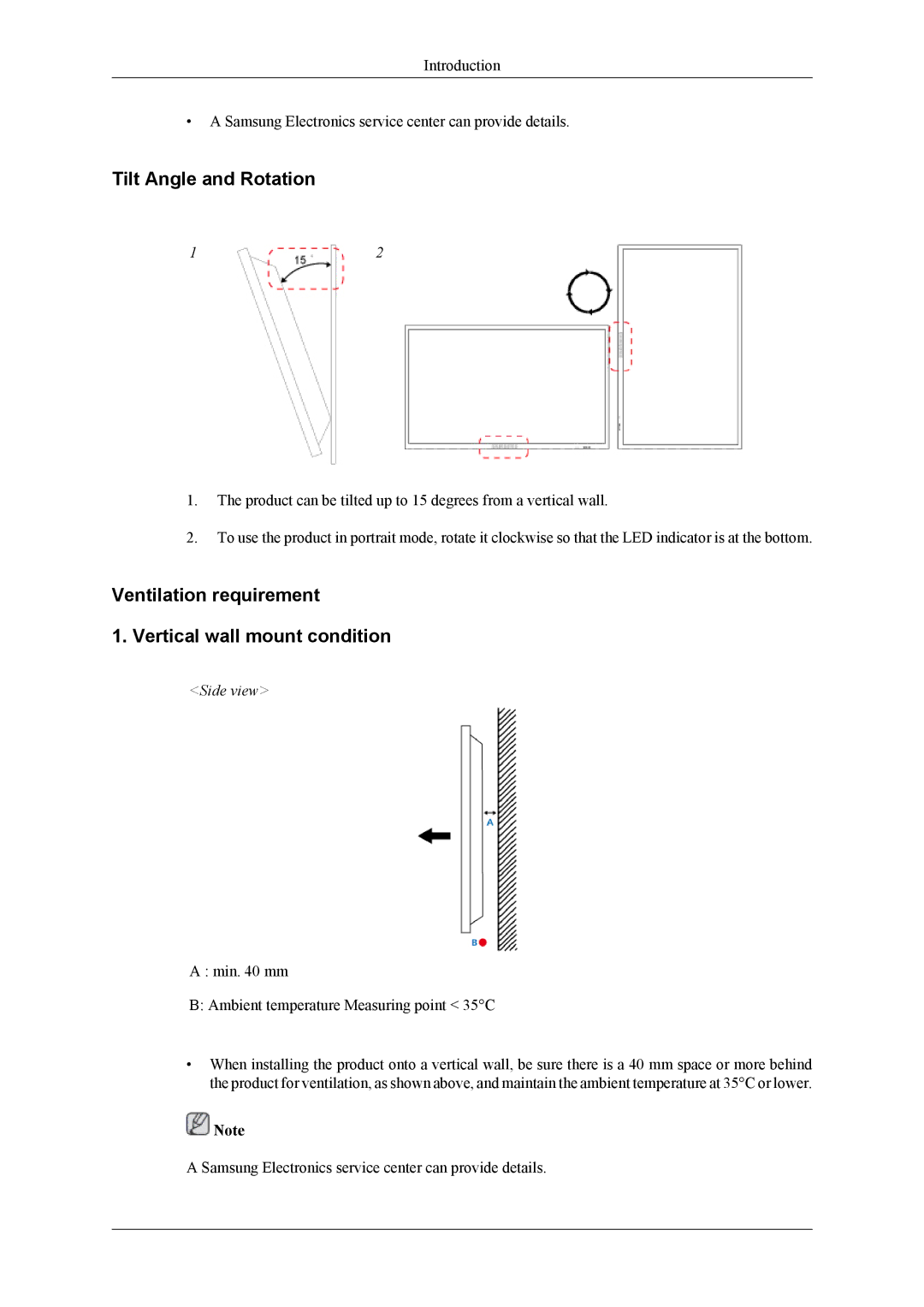 Samsung UD46A, UD55A user manual Tilt Angle and Rotation, Ventilation requirement Vertical wall mount condition 