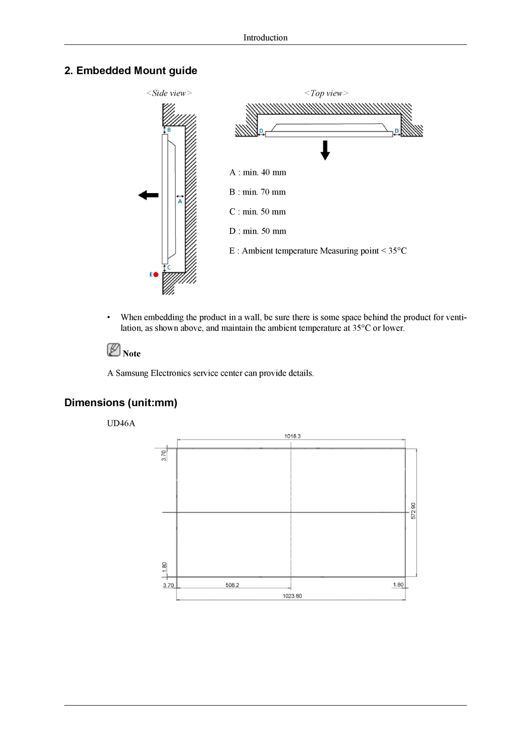 Samsung UD55A, UD46A user manual Embedded Mount guide, Dimensions unitmm 