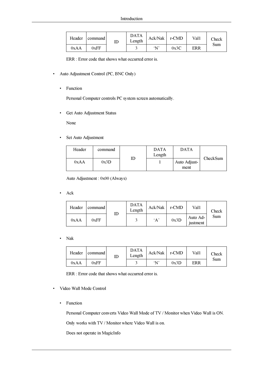 Samsung UD46A, UD55A user manual Introduction Header Command 