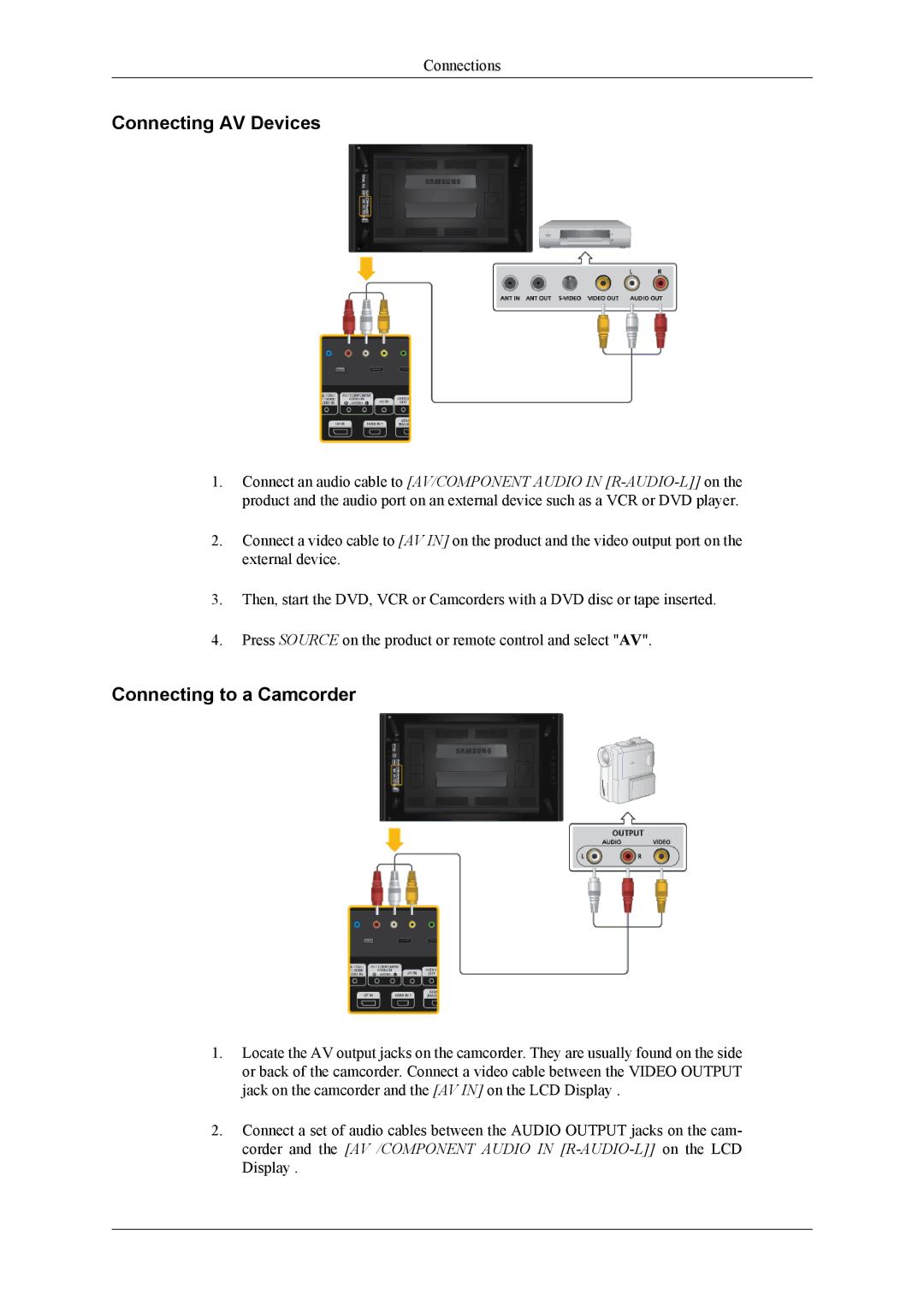 Samsung UD46A, UD55A user manual Connecting AV Devices, Connecting to a Camcorder 