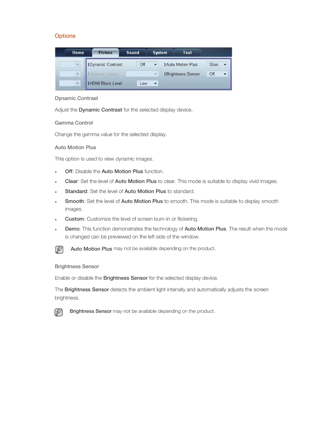Samsung UD55A, UD46A user manual Options, Dynamic Contrast, Gamma Control, Auto Motion Plus, Brightness Sensor 