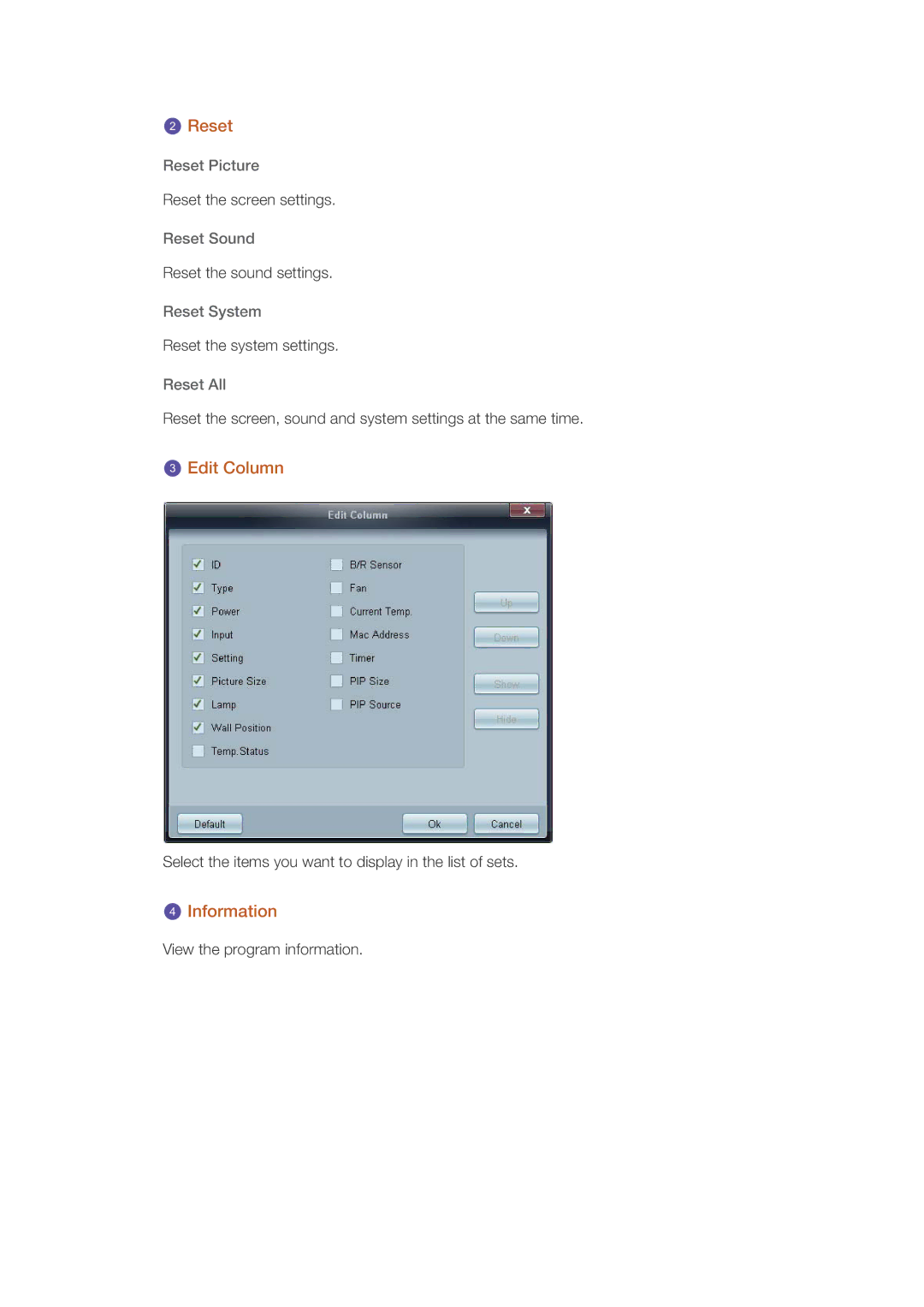 Samsung UD55A, UD46A user manual Reset, Edit Column, Information 