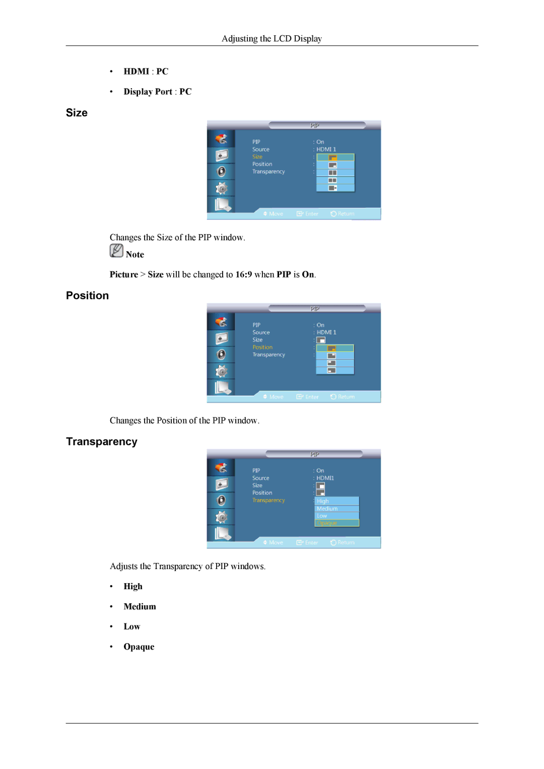 Samsung UD55A, UD46A user manual Size, Position, Transparency, Display Port PC, High Medium Low Opaque 