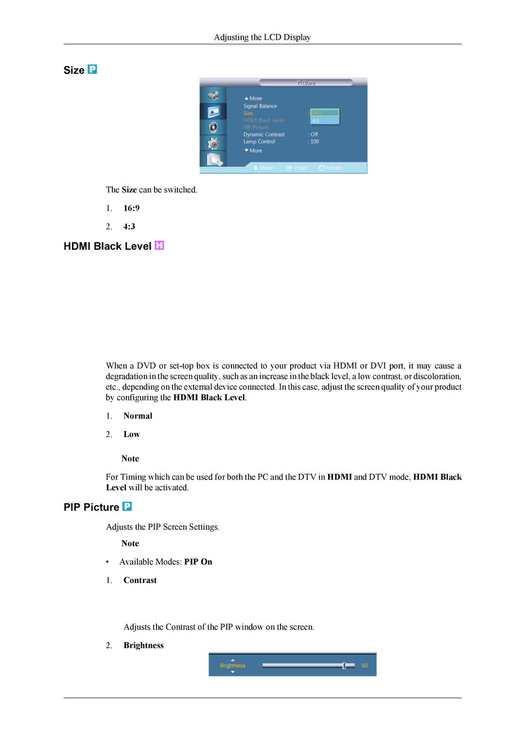 Samsung UD55A, UD46A user manual Hdmi Black Level, PIP Picture, Normal Low 