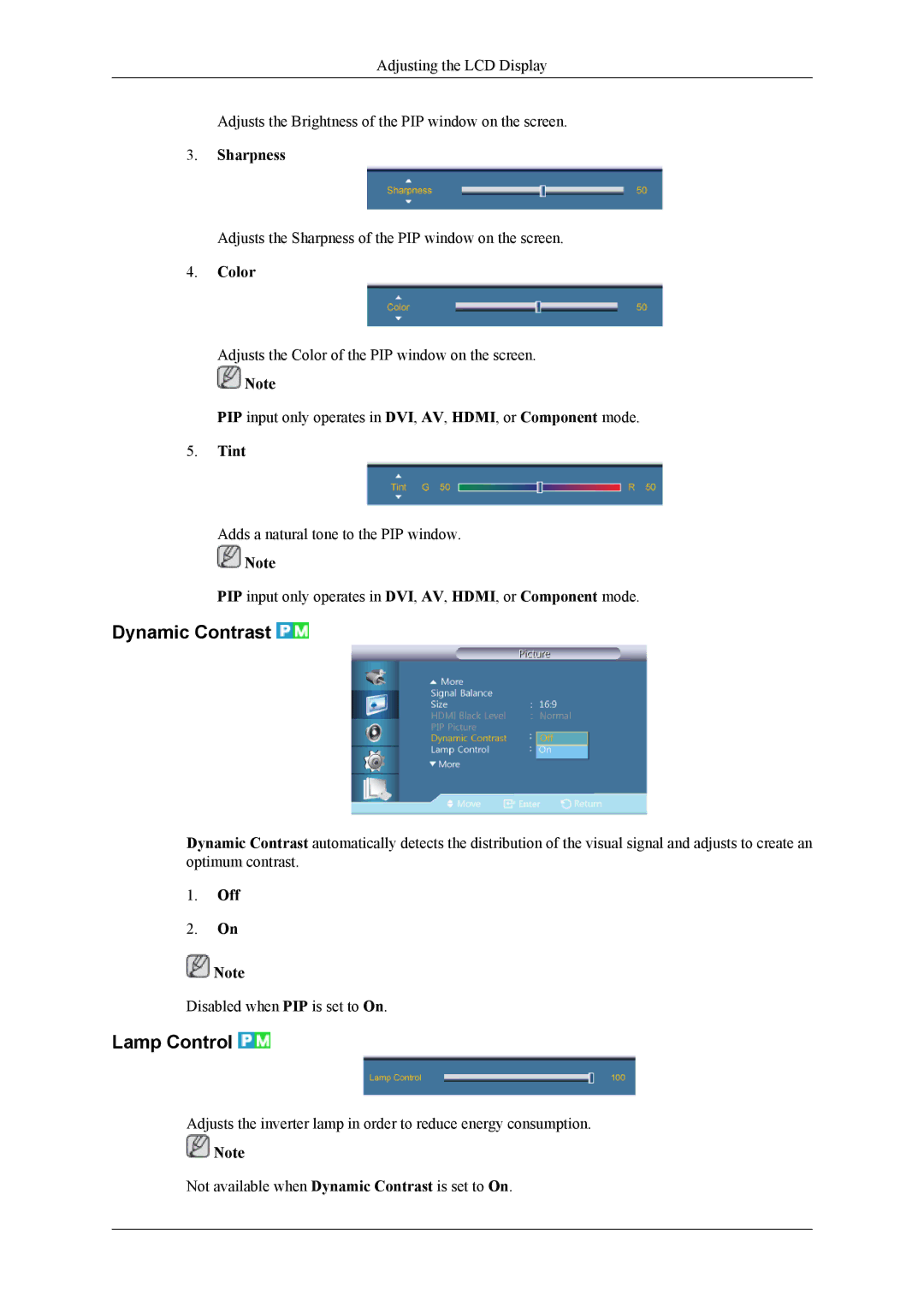 Samsung UD46A, UD55A user manual Dynamic Contrast, Lamp Control, Color, Tint 