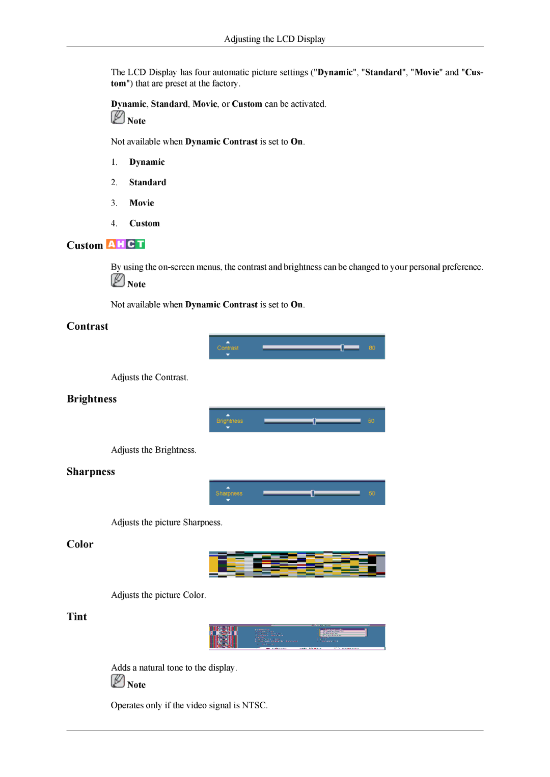 Samsung UD46A, UD55A user manual Contrast, Brightness, Sharpness, Color, Tint 