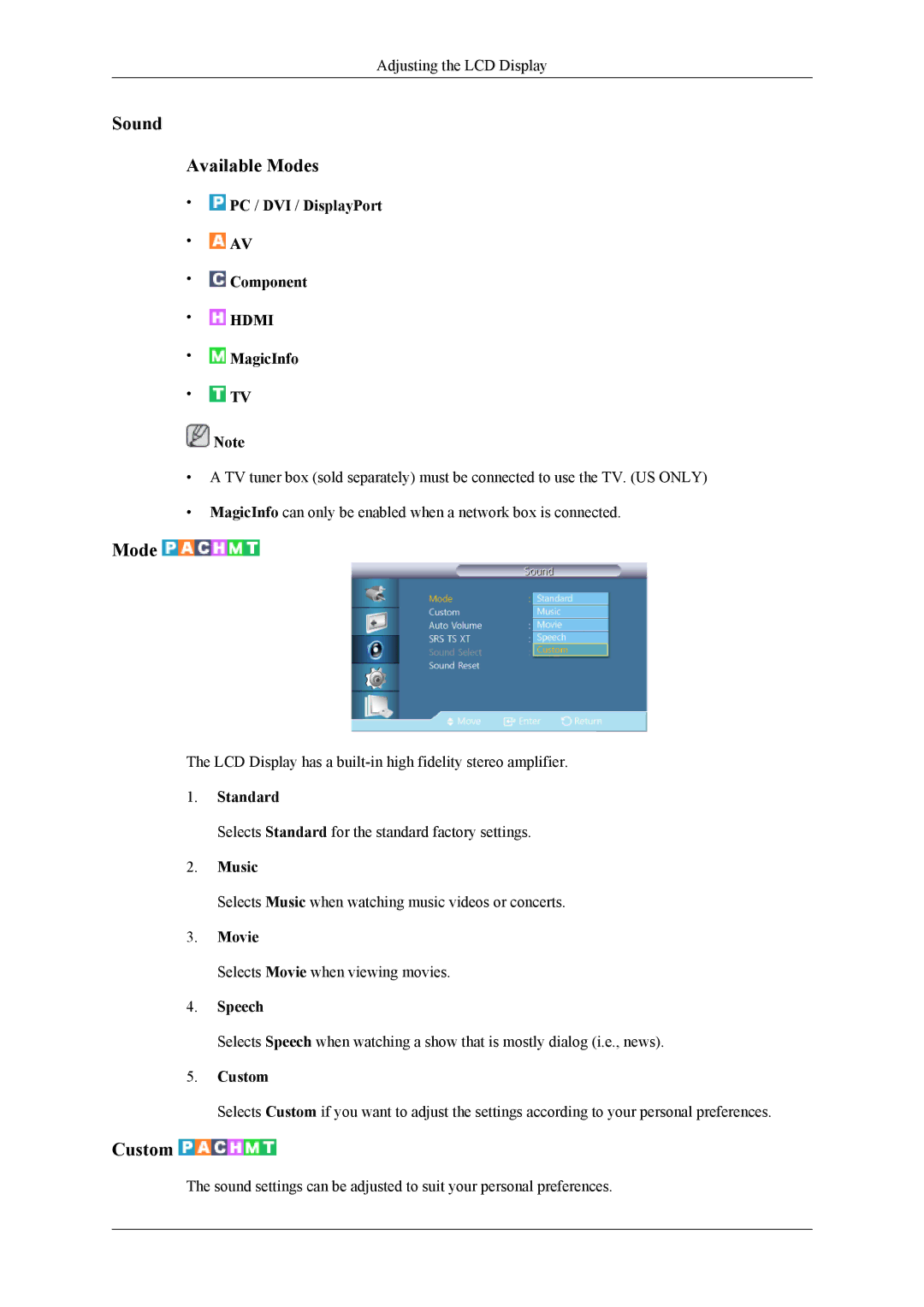 Samsung UD55A, UD46A user manual Sound Available Modes, Music, Speech 