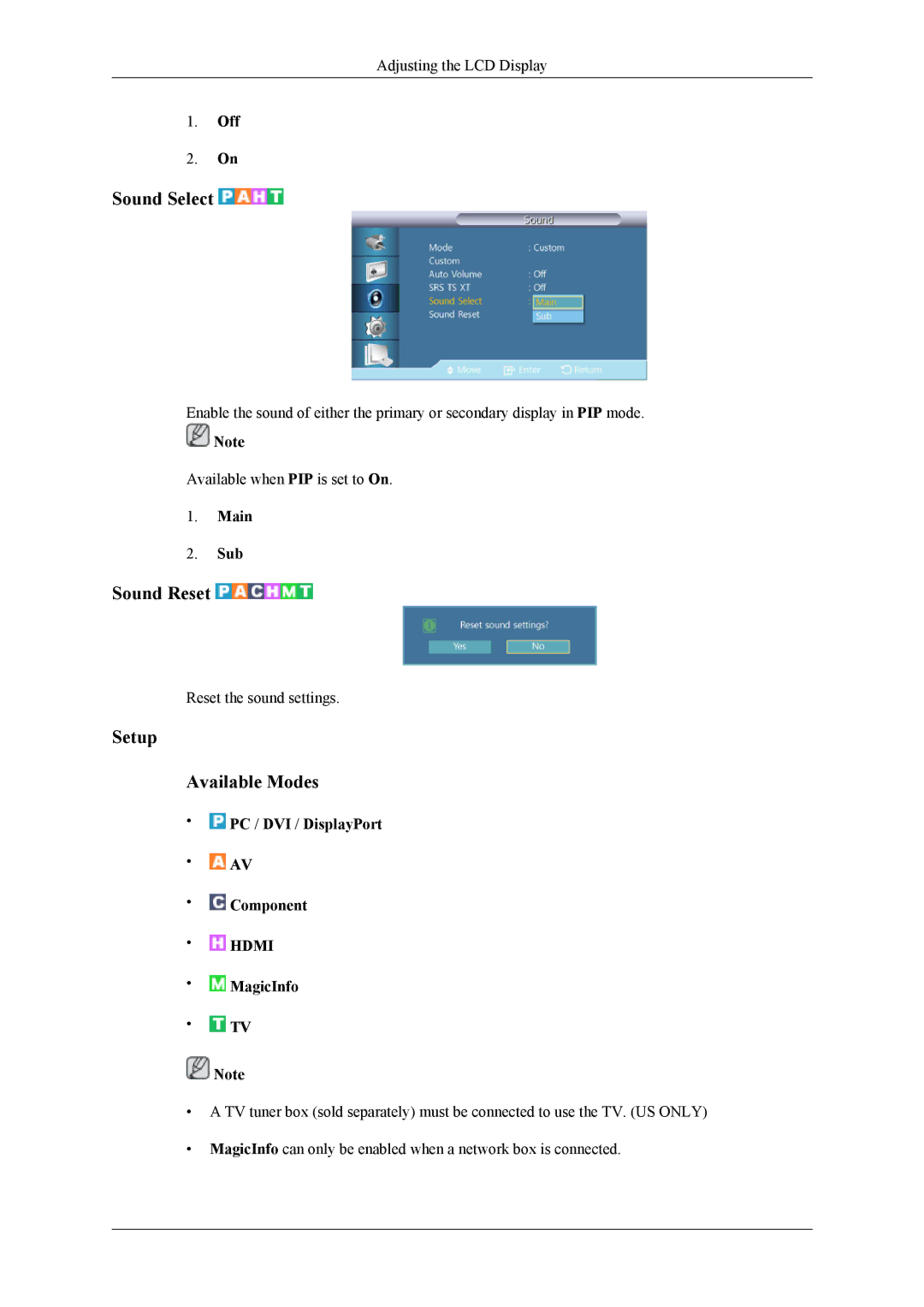 Samsung UD55A, UD46A user manual Sound Select, Sound Reset, Setup Available Modes, Main Sub 