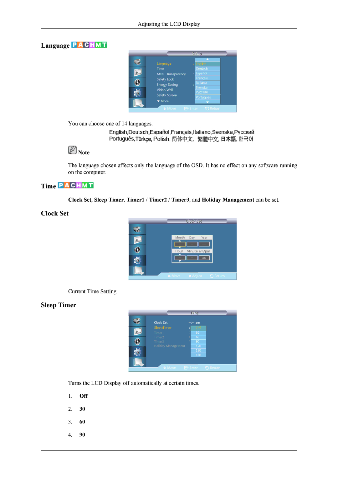 Samsung UD46A, UD55A user manual Language, Clock Set, Sleep Timer 