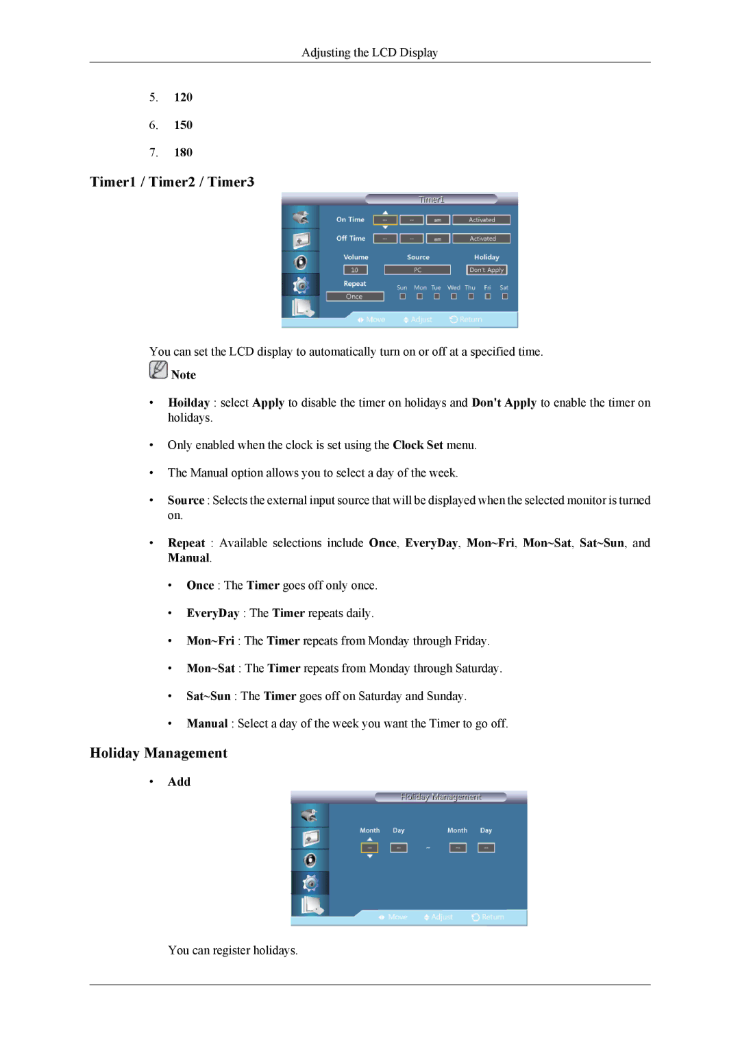 Samsung UD55A, UD46A user manual Timer1 / Timer2 / Timer3, Holiday Management, Add 