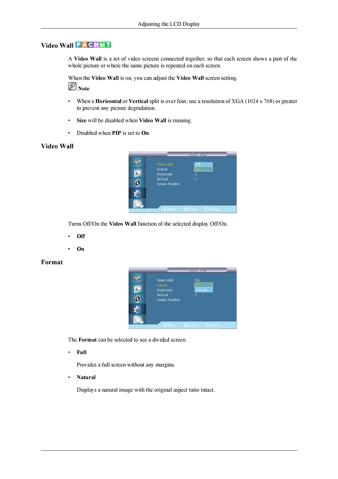 Samsung UD46A, UD55A user manual Video Wall, Format, Full 