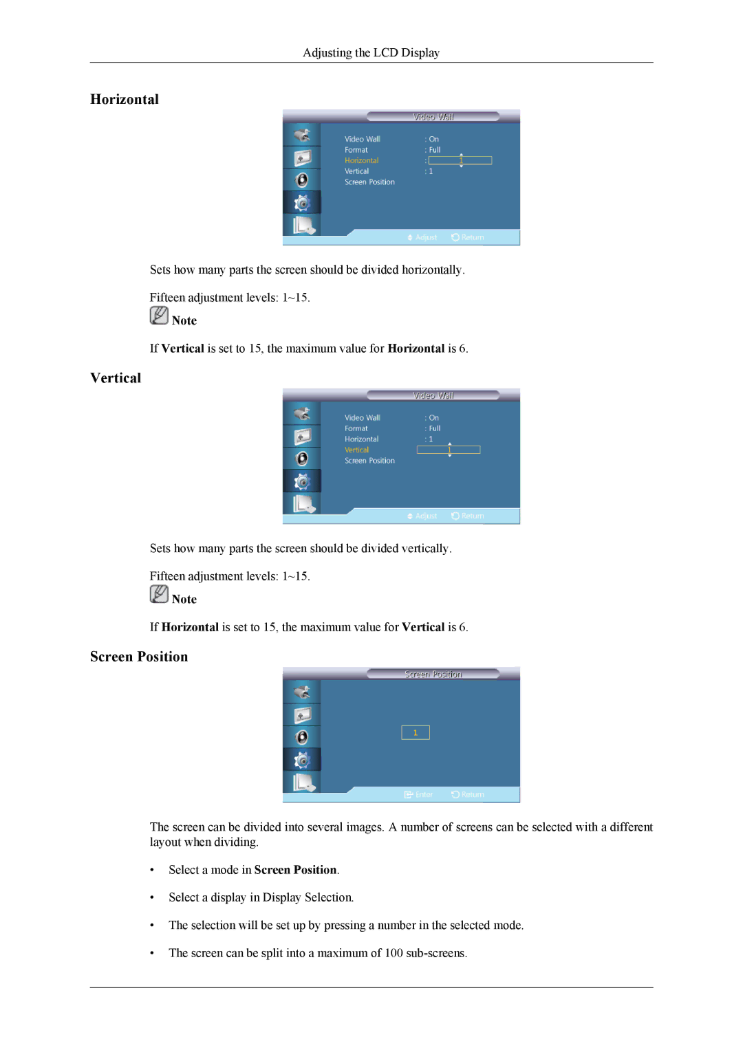 Samsung UD55A, UD46A user manual Horizontal, Vertical, Screen Position 