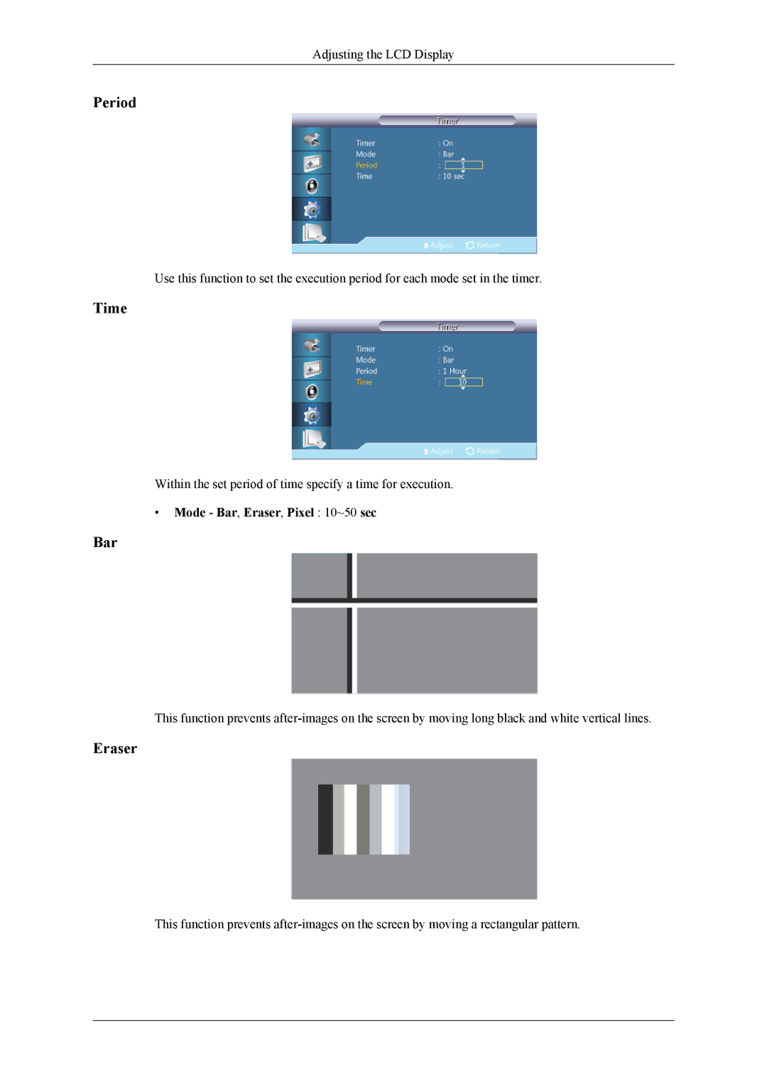 Samsung UD46A, UD55A user manual Period, Mode Bar, Eraser, Pixel 10~50 sec 